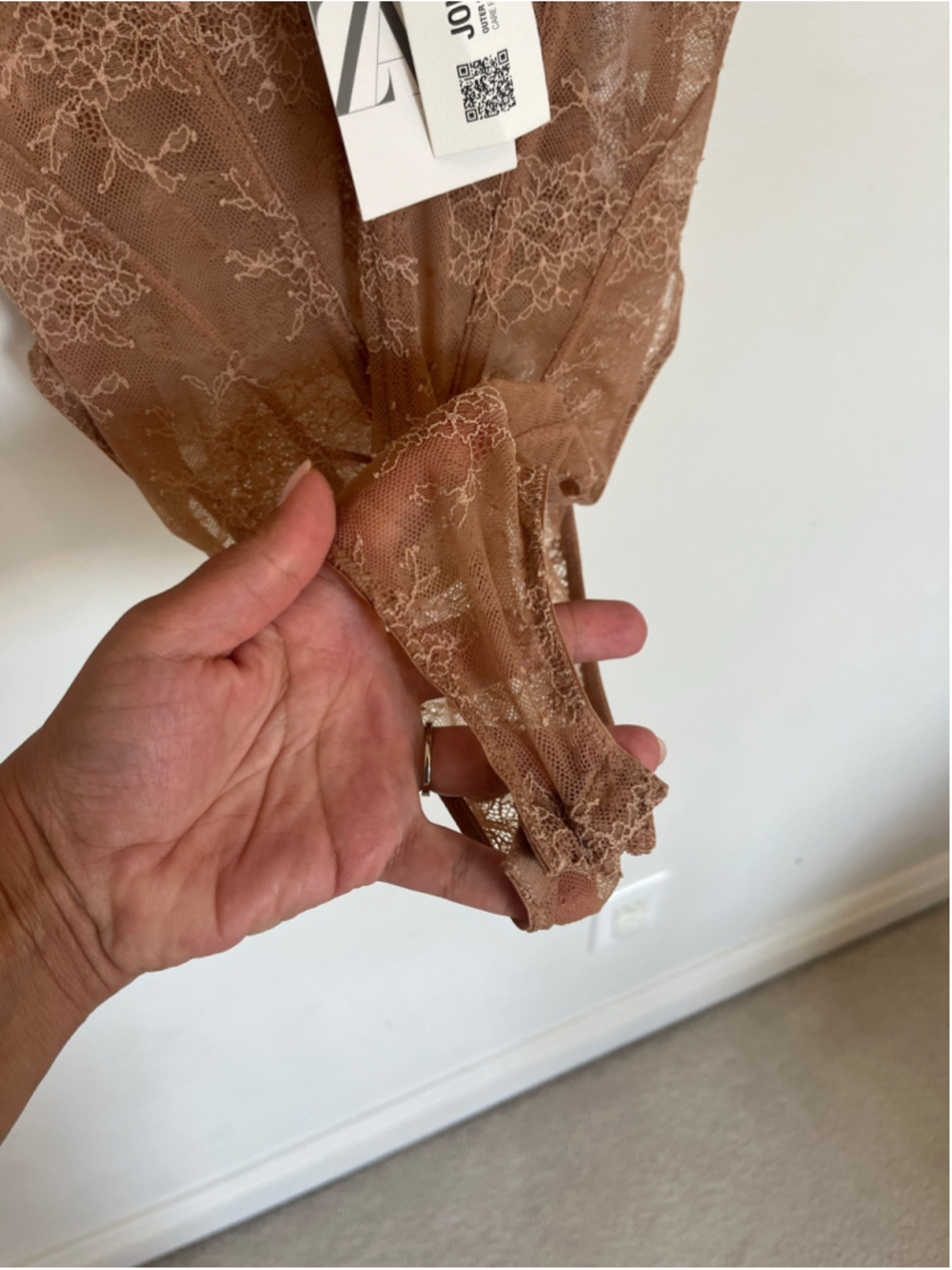 Zara Lace Bodysuit Beige Tan Festival Going Out Sheer Lingerie Frills Ruffles - Picture 8 of 8